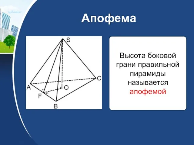 Апофема Высота боковой грани правильной пирамиды называется апофемой