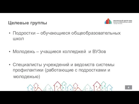 Целевые группы Подростки – обучающиеся общеобразовательных школ Молодежь – учащиеся колледжей