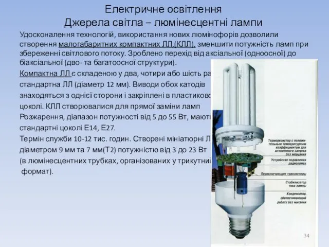 Удосконалення технологій, використання нових люмінофорів дозволили створення малогабаритних компактних ЛЛ,(КЛЛ), зменшити