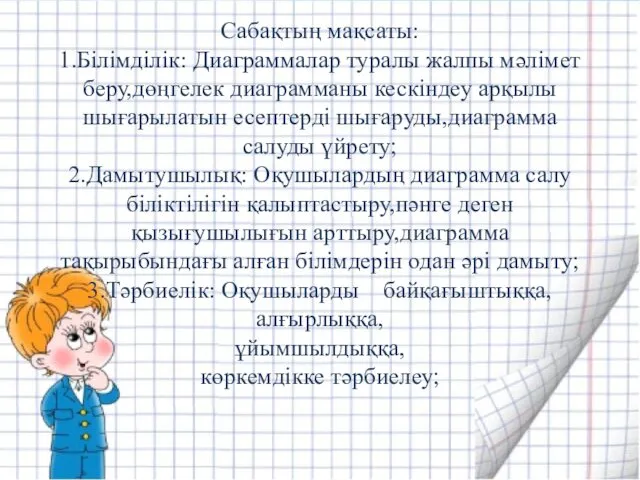 Сабақтың мақсаты: 1.Білімділік: Диаграммалар туралы жалпы мәлімет беру,дөңгелек диаграмманы кескіндеу арқылы