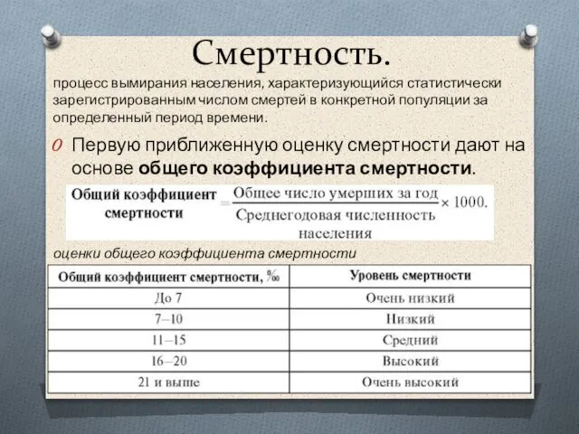 Смертность. Первую приближенную оценку смертности дают на основе общего коэффициента смертности.