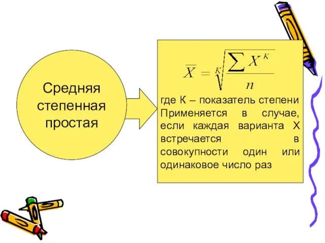 Средняя степенная простая где К – показатель степени Применяется в случае,