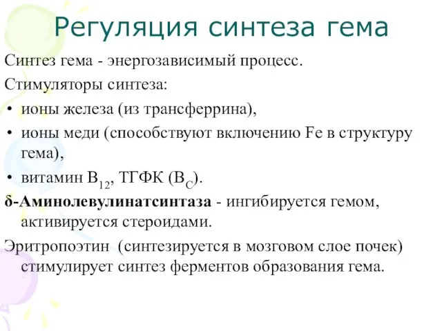 Синтез гема - энергозависимый процесс. Стимуляторы синтеза: ионы железа (из трансферрина),