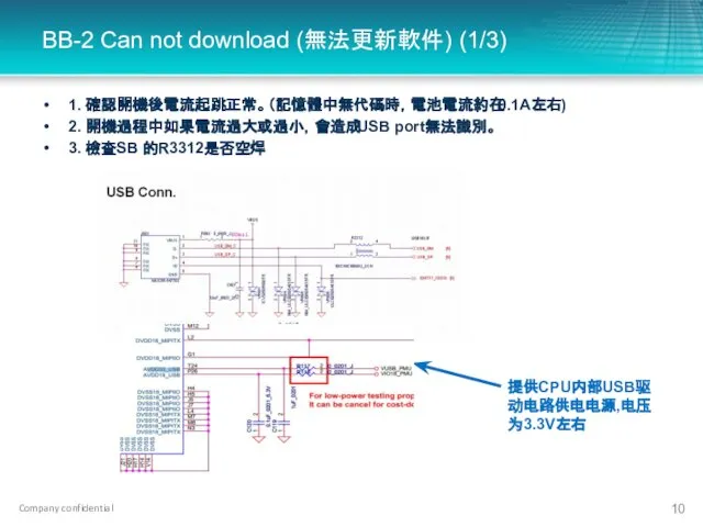 BB-2 Can not download (無法更新軟件) (1/3) 1. 確認開機後電流起跳正常。（記憶體中無代碼時，電池電流約在0.1A左右) 2. 開機過程中如果電流過大或過小，會造成USB port無法識別。 3. 檢查SB 的R3312是否空焊 提供CPU内部USB驱动电路供电电源,电压为3.3V左右