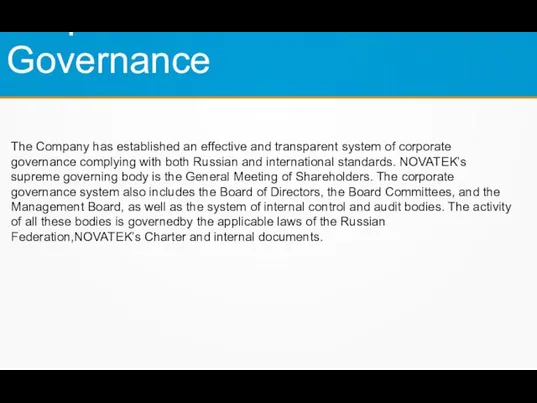 Corporate Governance The Company has established an effective and transparent system