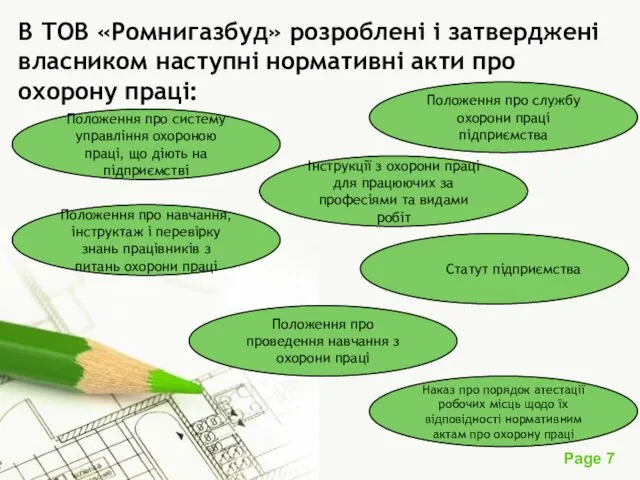 В ТОВ «Ромнигазбуд» розроблені і затверджені власником наступні нормативні акти про