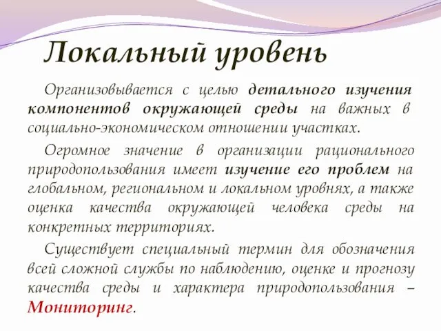 Локальный уровень Организовывается с целью детального изучения компонентов окружающей среды на