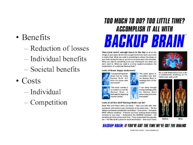 Benefits Reduction of losses Individual benefits Societal benefits Costs Individual Competition