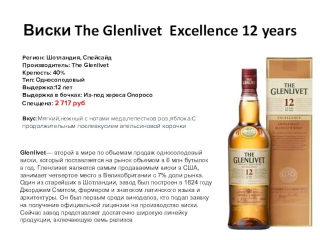 Виски The Glenlivet Excellence 12 years Регион: Шотландия, Спейсайд Производитель: The