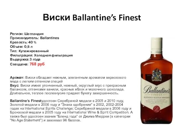 Виски Ballantine’s Finest Регион: Шотландия Производитель: Ballantines Крепость: 40 % Объем: