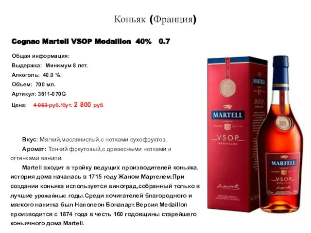 Cognac Martell VSOP Medaillon 40% 0.7 Коньяк (Франция) Общая информация: Выдержка: