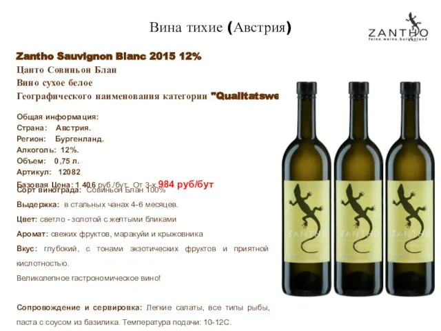 Zantho Sauvignon Blanc 2015 12% Цанто Совиньон Блан Вино сухое белое