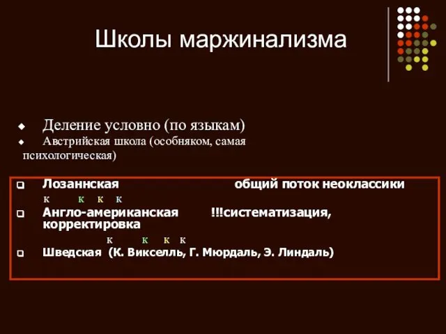 Школы маржинализма Деление условно (по языкам) Австрийская школа (особняком, самая психологическая)