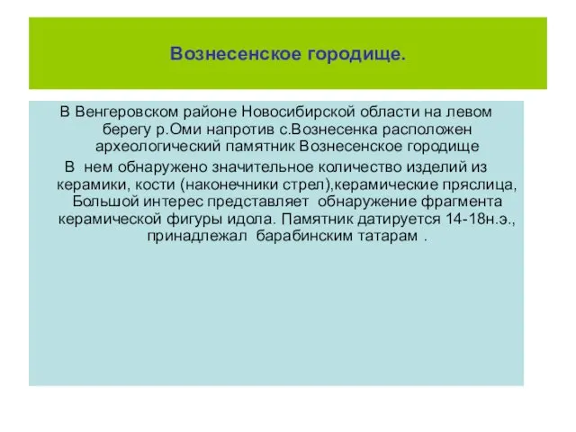 Вознесенское городище. В Венгеровском районе Новосибирской области на левом берегу р.Оми