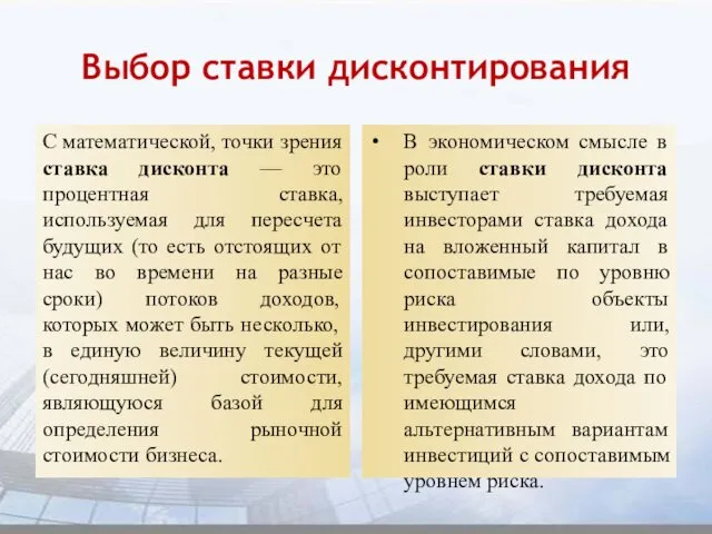 Выбор ставки дисконтирования С математической, точки зрения ставка дисконта — это