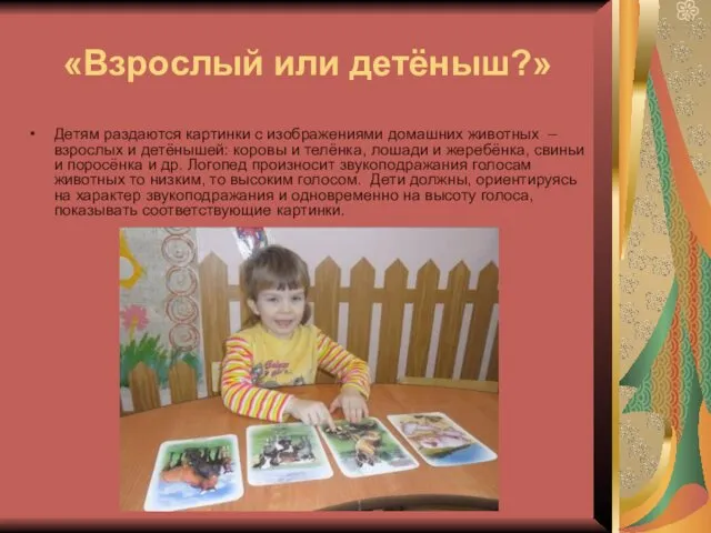 «Взрослый или детёныш?» Детям раздаются картинки с изображениями домашних животных –