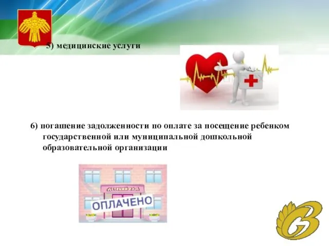 5) медицинские услуги 6) погашение задолженности по оплате за посещение ребенком