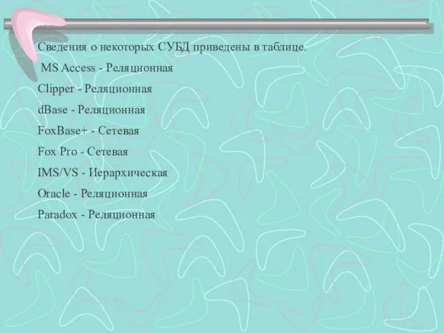 Сведения о некоторых СУБД приведены в таблице. MS Access - Реляционная