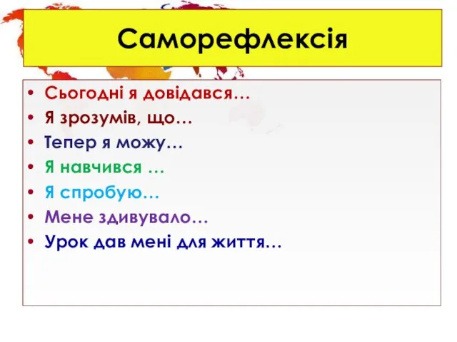 Саморефлексія Сьогодні я довідався… Я зрозумів, що… Тепер я можу… Я