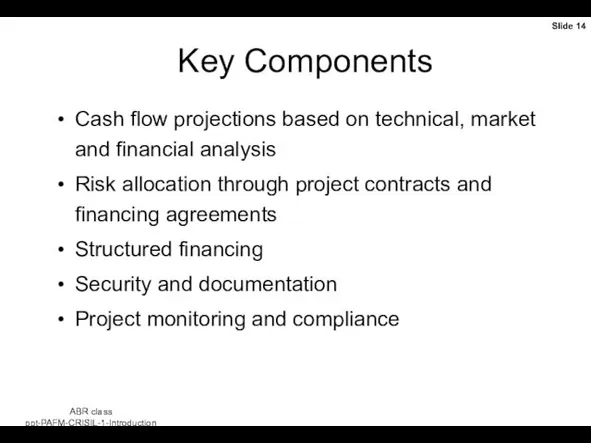 Key Components Cash flow projections based on technical, market and financial