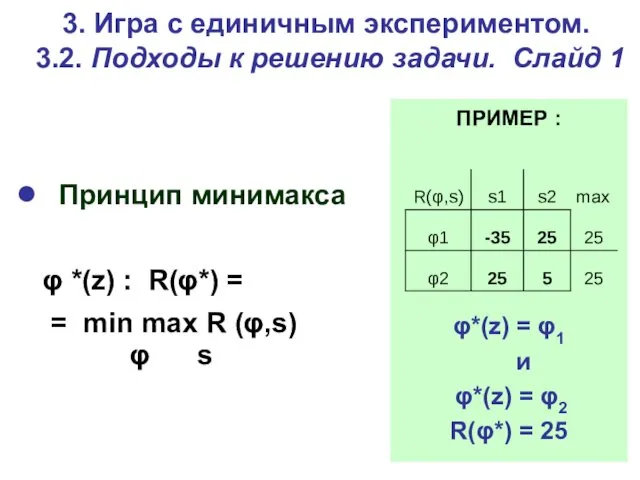 3. Игра c единичным экспериментом. 3.2. Подходы к решению задачи. Слайд