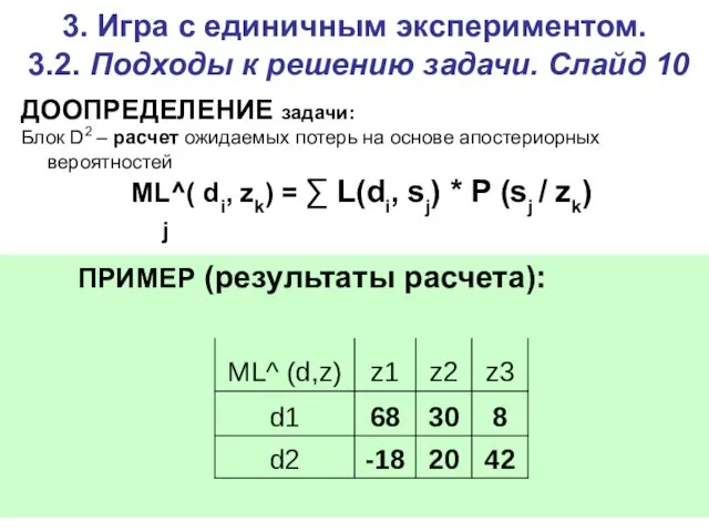 3. Игра c единичным экспериментом. 3.2. Подходы к решению задачи. Слайд