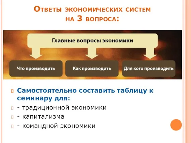 Ответы экономических систем на 3 вопроса: Самостоятельно составить таблицу к семинару