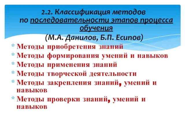 2.2. Классификация методов по последовательности этапов процесса обучения (М.А. Данилов, Б.П.