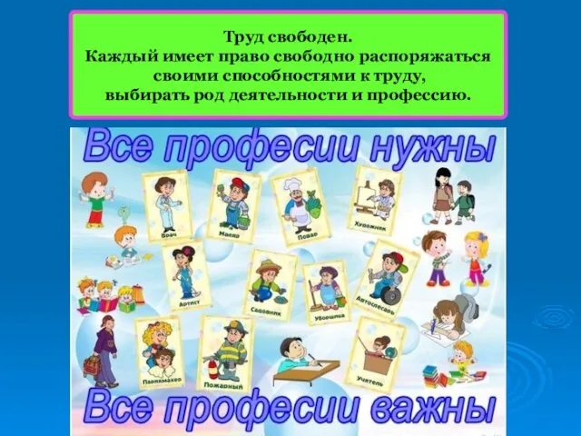 Труд свободен. Каждый имеет право свободно распоряжаться своими способностями к труду, выбирать род деятельности и профессию.