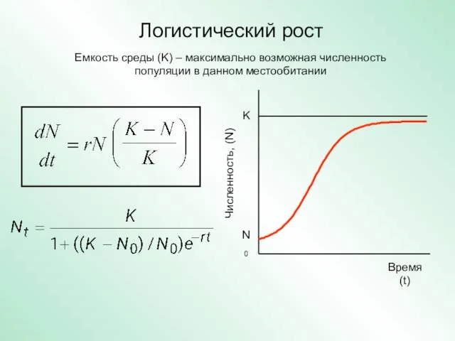 Логистический рост Емкость среды (K) – максимально возможная численность популяции в