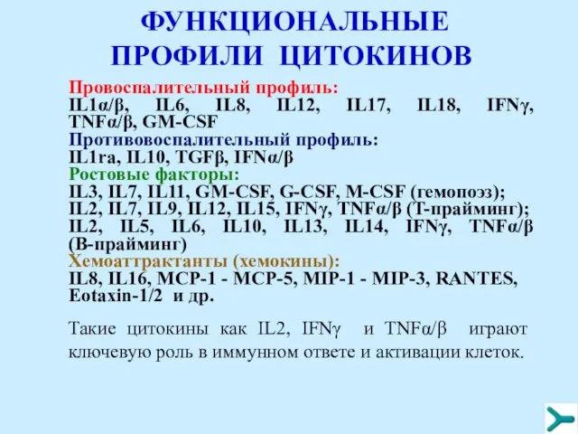 Провоспалительный профиль: IL1α/β, IL6, IL8, IL12, IL17, IL18, IFNγ, TNFα/β, GM-CSF