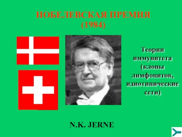 НОБЕЛЕВСКАЯ ПРЕМИЯ (1984) N.K. JERNE Теории иммунитета (клоны лимфоцитов, идиотипические сети)