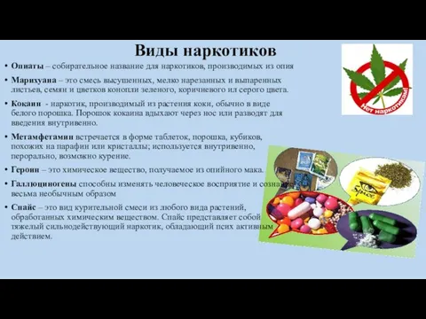 Виды наркотиков Опиаты – собирательное название для наркотиков, производимых из опия