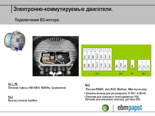 Подключение ЕС-мотора KL3 Разъем-RS485, ebm BUS, Modbus, мастер-выход Линейный вход для