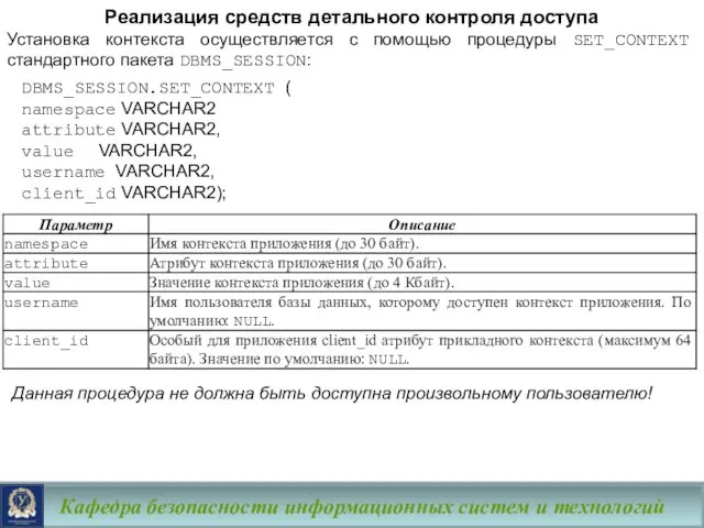 Кафедра безопасности информационных систем и технологий Реализация средств детального контроля доступа