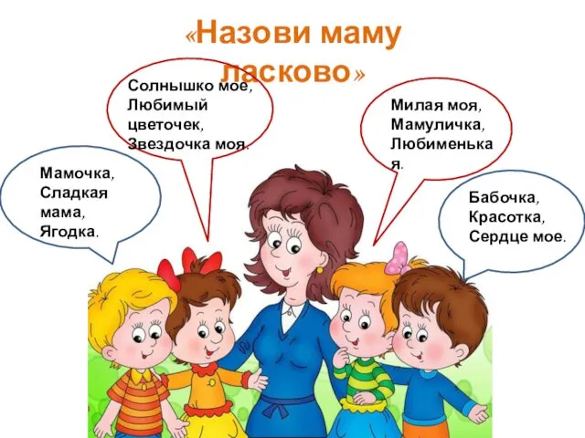 «Назови маму ласково» Солнышко мое, Любимый цветочек, Звездочка моя. Мамочка, Сладкая