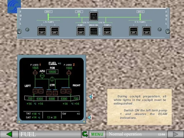MENU During cockpit preparation, all white ligths in the cockpit must