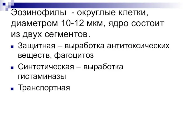 Эозинофилы - округлые клетки, диаметром 10-12 мкм, ядро состоит из двух