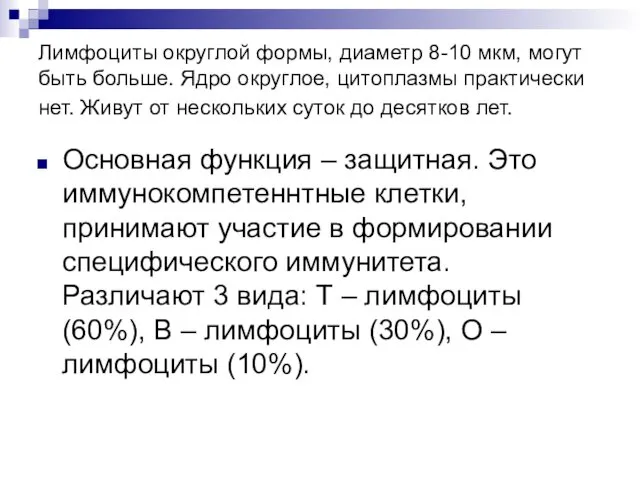 Лимфоциты округлой формы, диаметр 8-10 мкм, могут быть больше. Ядро округлое,