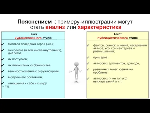 Пояснением к примеру-иллюстрации могут стать анализ или характеристика