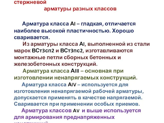 Рекомендуемые области применения стержневой арматуры разных классов Арматура класса АI –