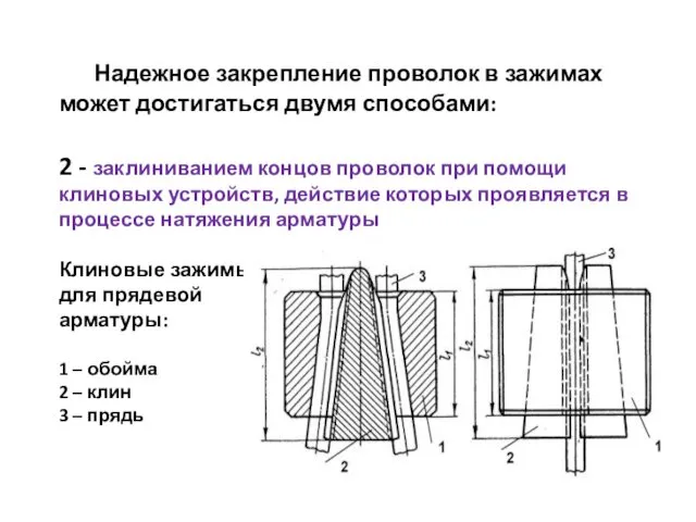 Надежное закрепление проволок в зажимах может достигаться двумя способами: 2 -