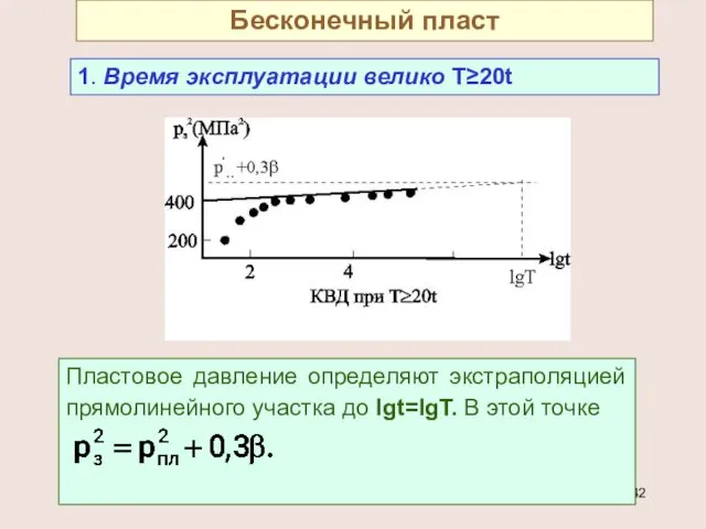 Бесконечный пласт 1. Время эксплуатации велико Т≥20t Пластовое давление определяют экстраполяцией