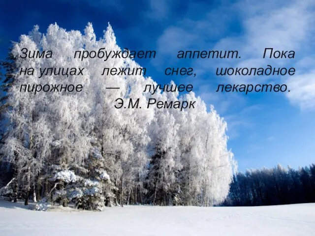 Зима пробуждает аппетит. Пока на улицах лежит снег, шоколадное пирожное — лучшее лекарство. Э.М. Ремарк