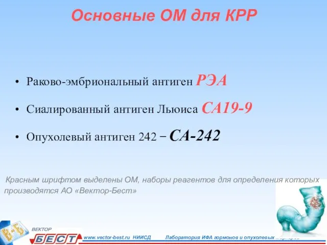 Основные ОМ для КРР Раково-эмбриональный антиген РЭА Сиалированный антиген Льюиса СА19-9