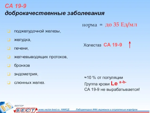 СА 19-9 доброкачественные заболевания поджелудочной железы, желудка, печени, желчевыводящих протоков, бронхов