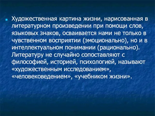 Художественная картина жизни, нарисованная в литературном произведении при помощи слов, языковых