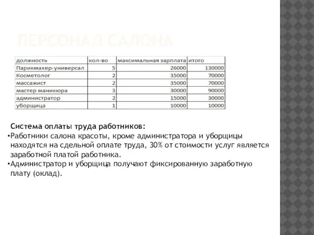 ПЕРСОНАЛ САЛОНА Система оплаты труда работников: Работники салона красоты, кроме администратора