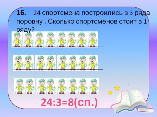 16. 24 спортсмена построились в 3 ряда поровну . Сколько спортсменов стоит в 1 ряду? 24:3=8(сп.)