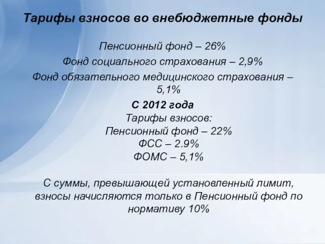 Тарифы взносов во внебюджетные фонды Пенсионный фонд – 26% Фонд социального